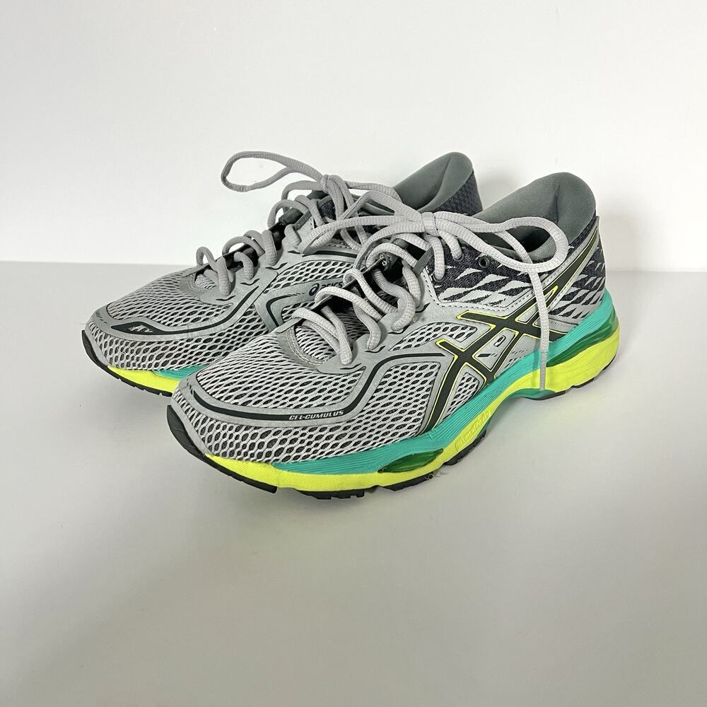 Asics Women Grey Green Neon Yellow Gel-Cumulus 19 Lace Running Shoes T7B8N 7.5